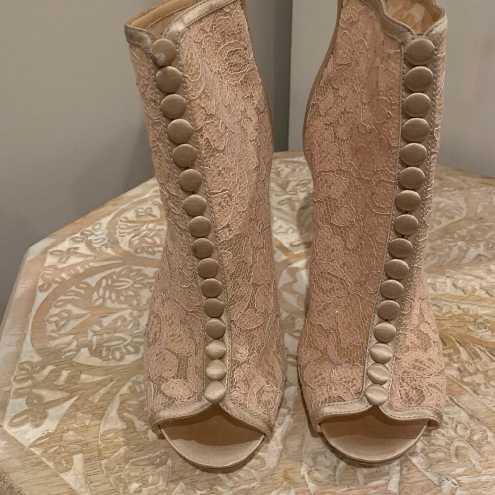 Badgley Mischka Blush Lace Peep-Toe Button Booties